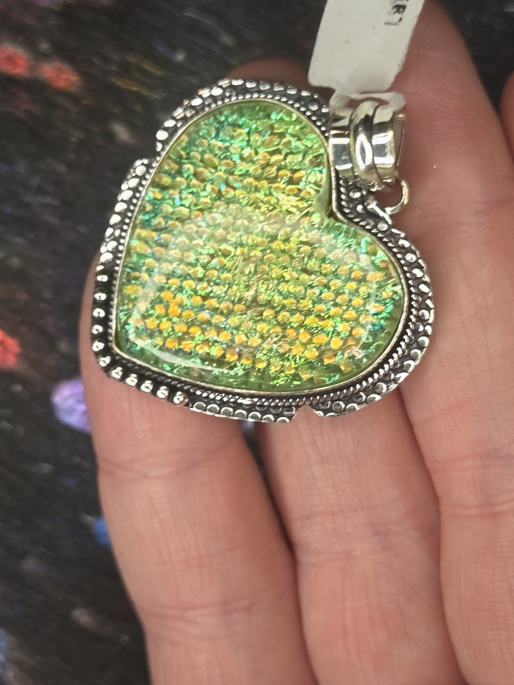Green Heart Pendant Necklace - Iridescent Glass Heart Charm